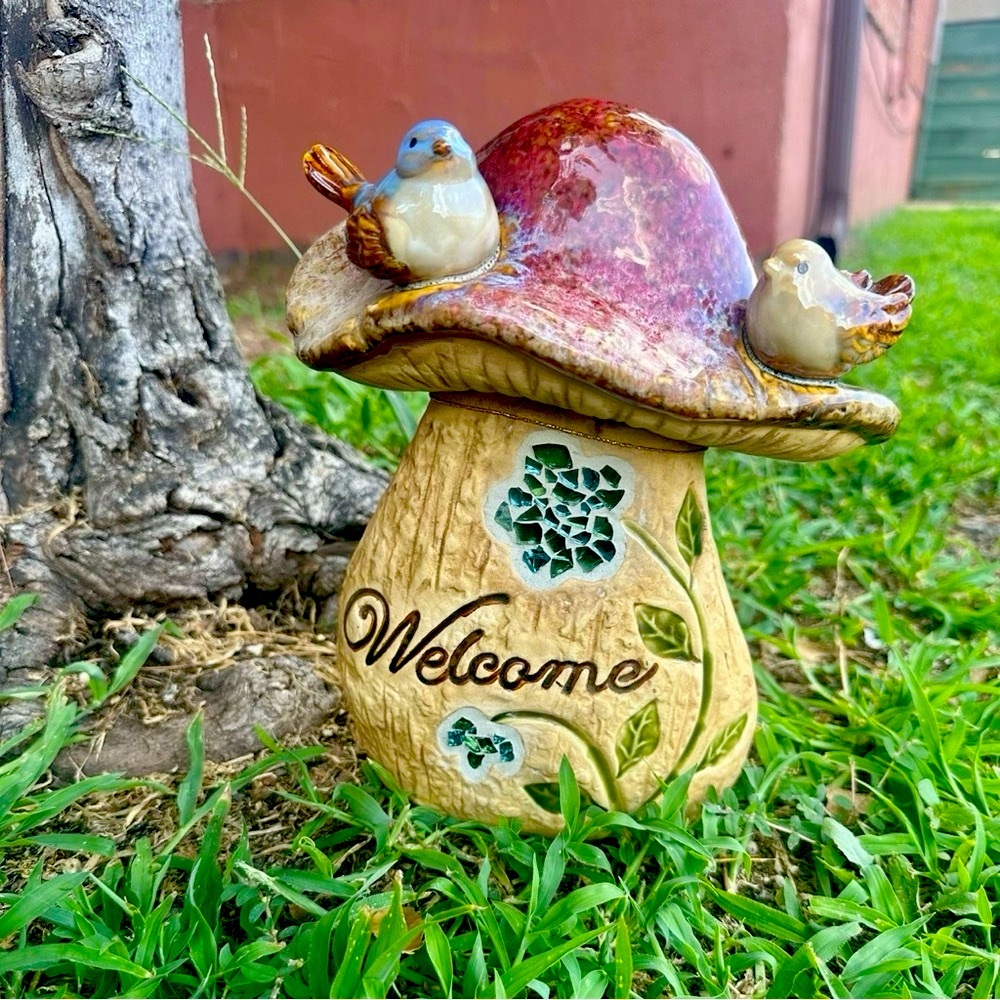 FairyCore Mushroom Welcome Home Porcelain Garden Statue Birds Ceramic